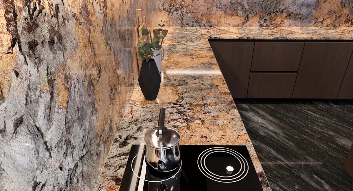 Гранит Tourmaline Gold в интерьере (столешница и фартук)